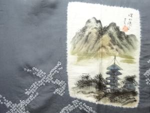 アンティーク　絞り色紙に寺塔風景模様男物長襦袢